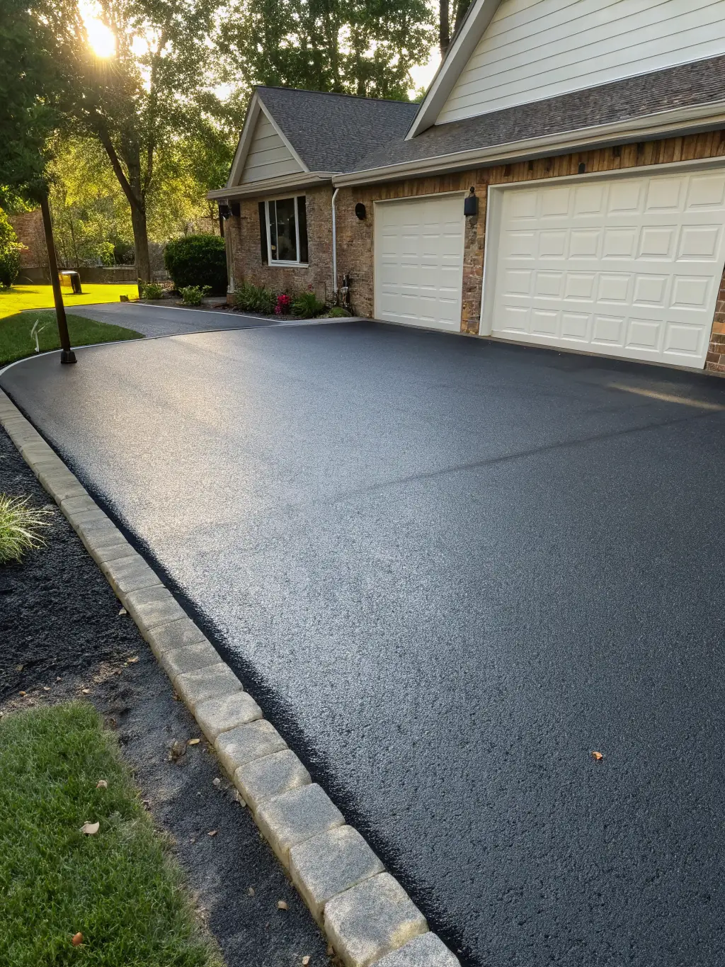An aerial view of a newly paved blacktop driveway, highlighting the smooth, even surface and professional finish achieved by Del Angel Paving.