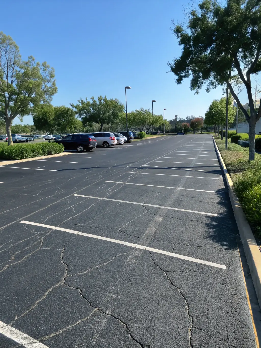 A parking lot with freshly painted, crisp white lines and directional arrows, showcasing Del Angel Paving's attention to detail in parking lot striping.