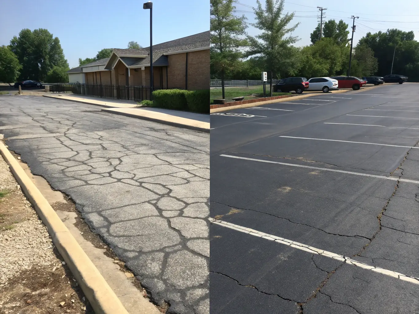 A before-and-after comparison of a repaved asphalt surface, demonstrating the effectiveness of Del Angel Paving's repaving and repair services.