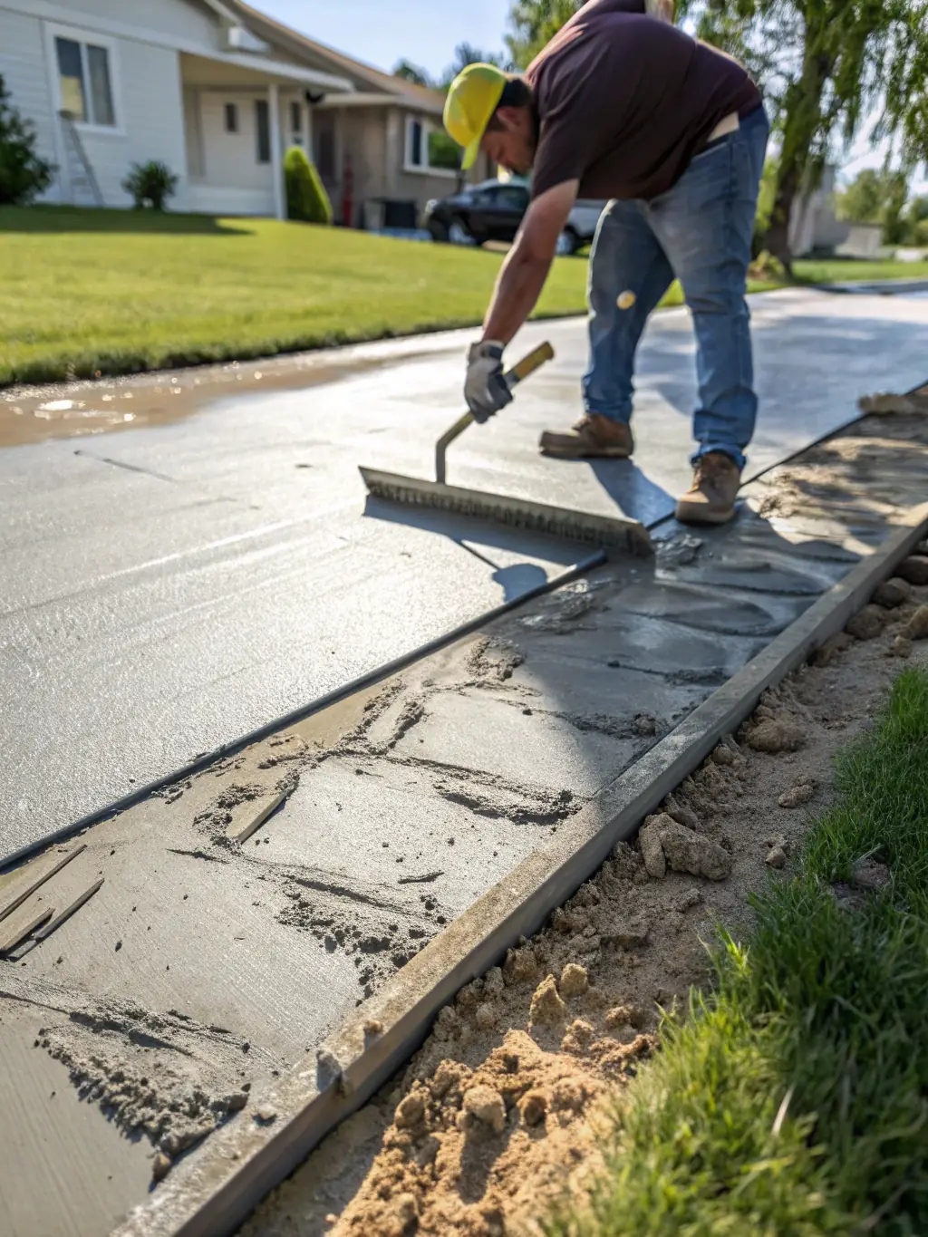A close-up shot of freshly poured concrete being smoothed and leveled, showcasing the precision and quality of Del Angel Paving's concrete services.