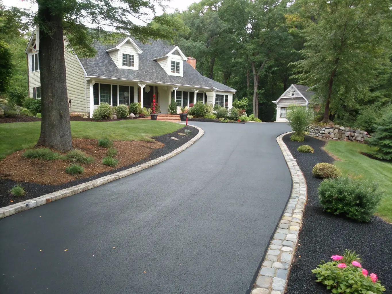 A freshly paved asphalt driveway with clean lines and a smooth surface, showcasing the quality of Del Angel Paving's residential services.