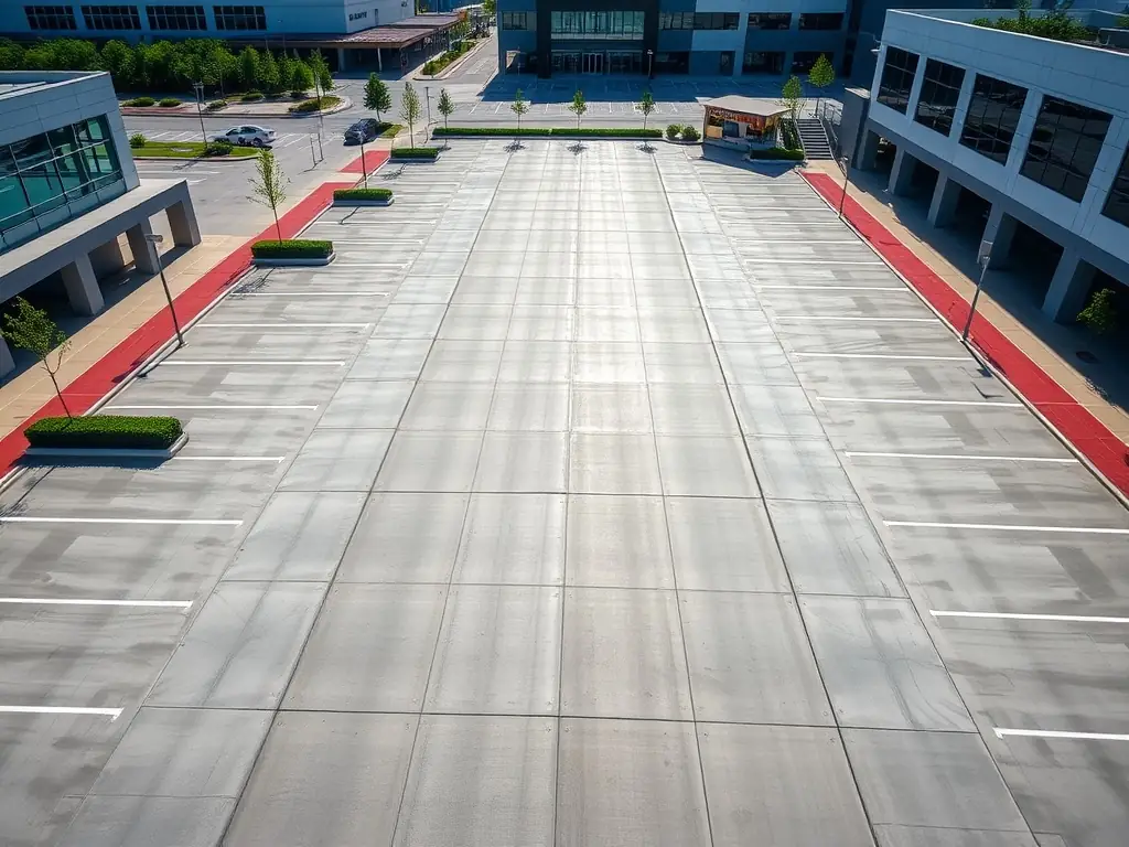 A large commercial parking lot with freshly paved asphalt and clear markings, illustrating Del Angel Paving's expertise in commercial paving projects.